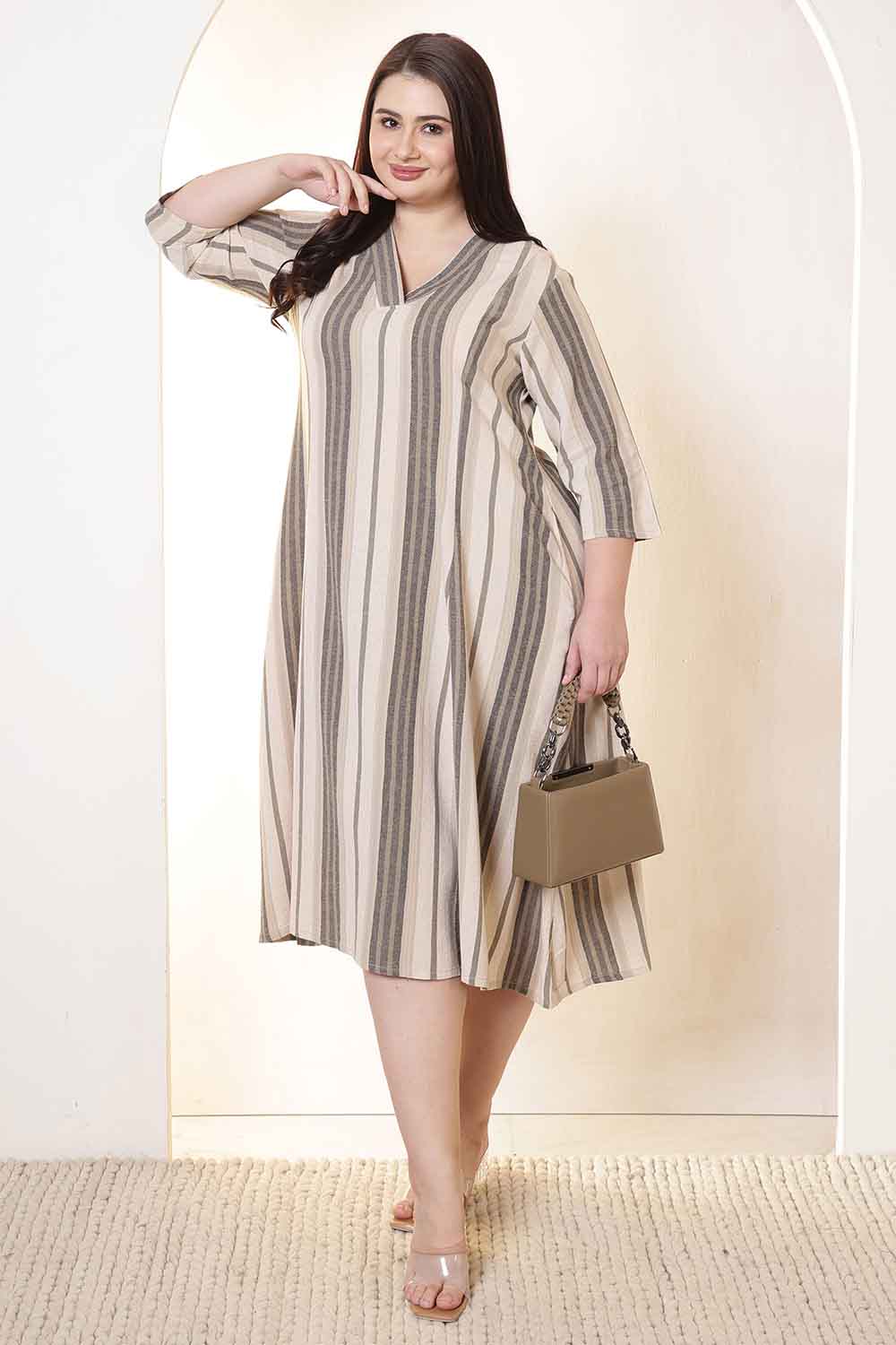 Plus Size Olive Stripe Cotton Midi Dress