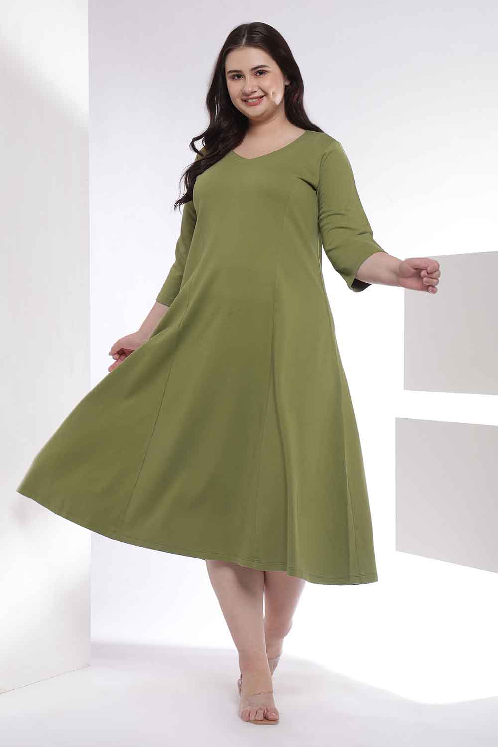 Buy Plus Size Moss Green  A-Line Cotton Dress