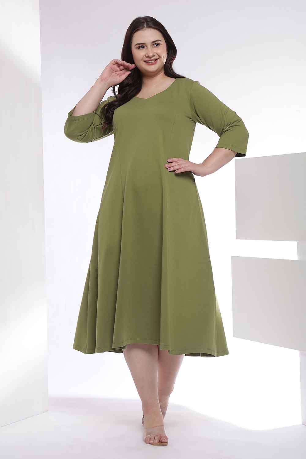 Plus Size Moss Green  A-Line Cotton Dress for Women