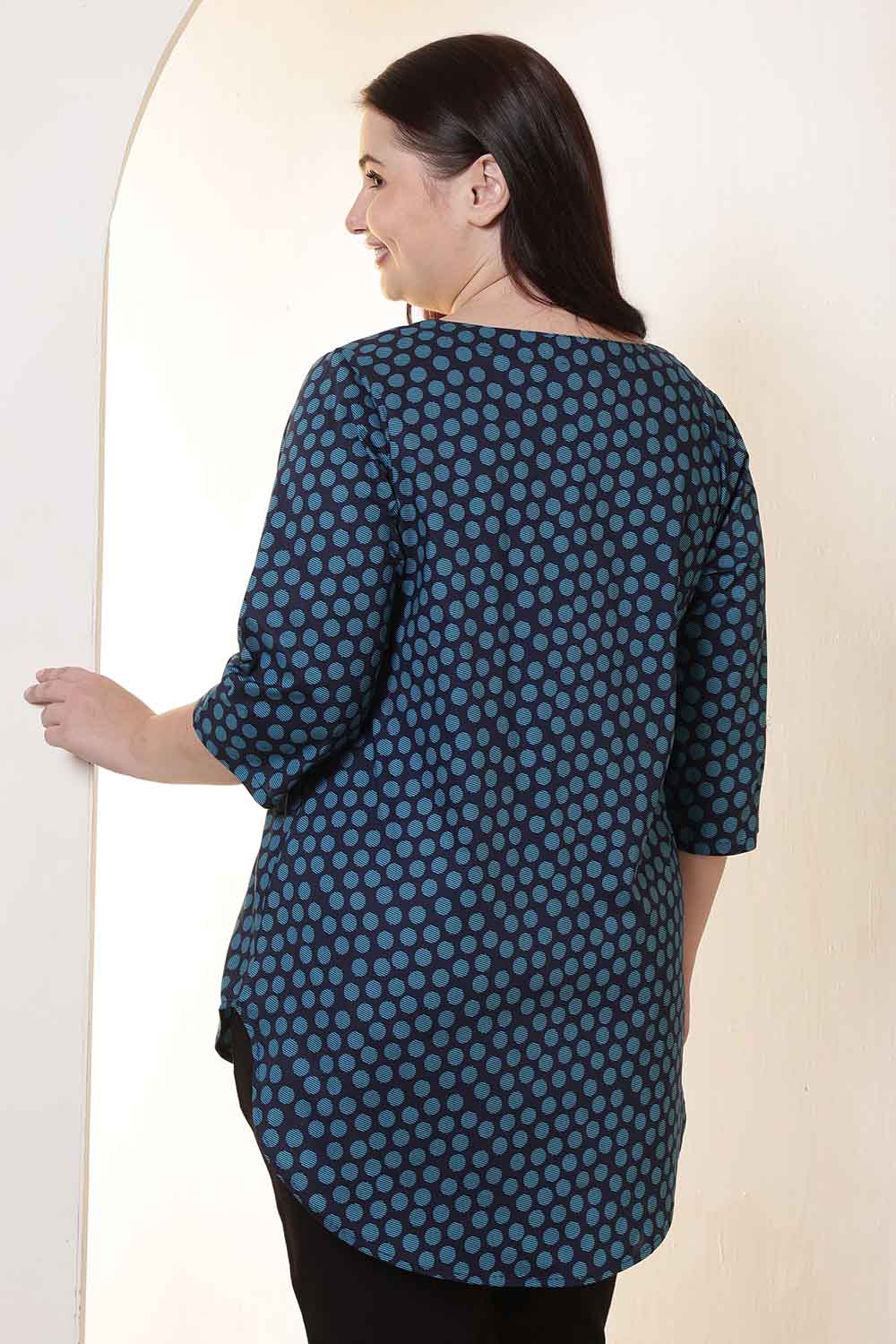 Plus Size Navy & Teal Polka Print V Neck Cotton Top