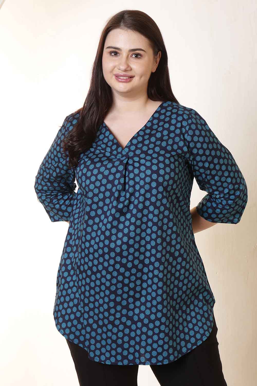 Plus Size Plus Size Navy & Teal Polka Print V Neck Cotton Top