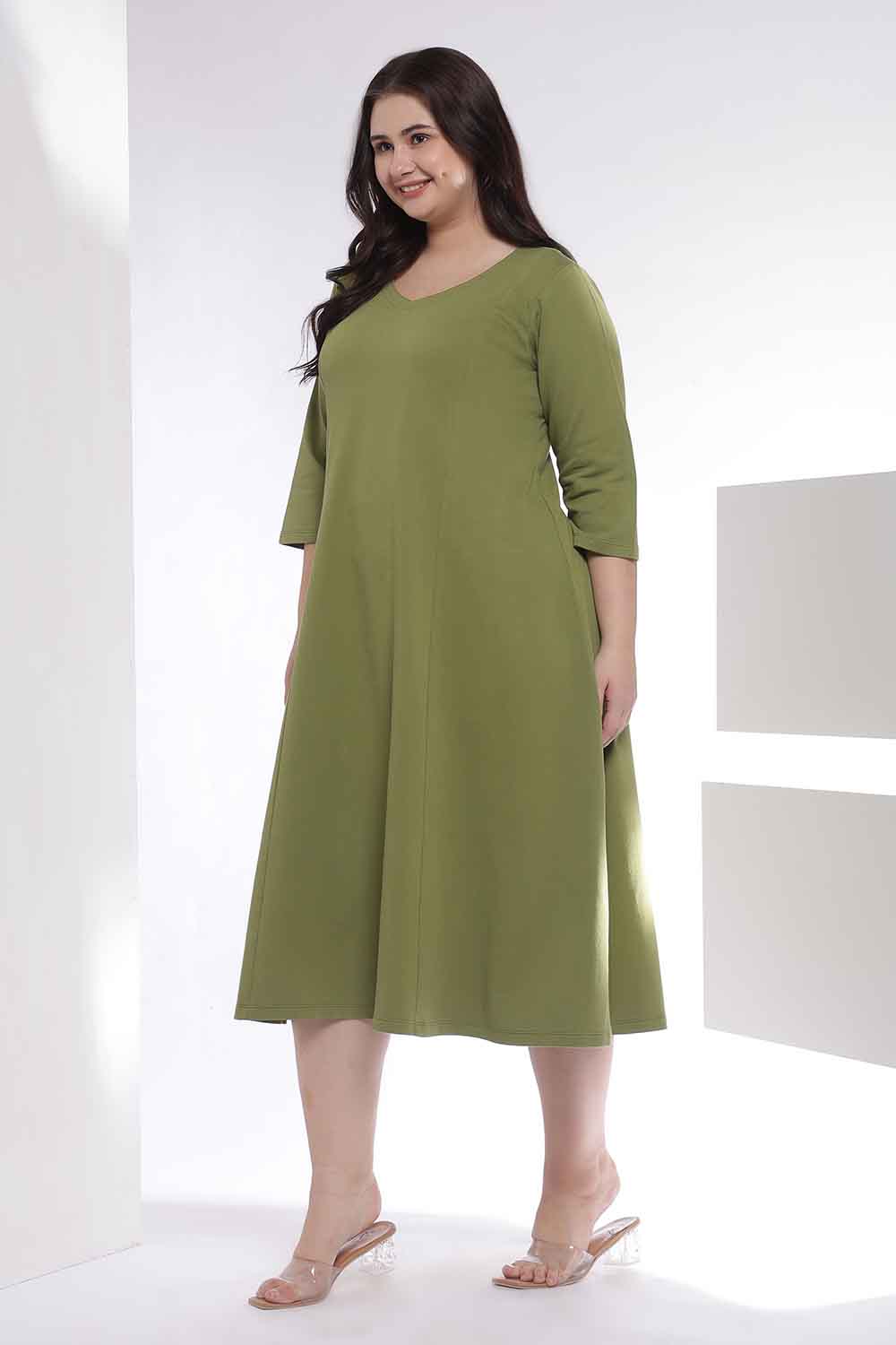 Plus Size Moss Green  A-Line Cotton Dress