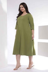 Plus Size Moss Green  A-Line Cotton Dress