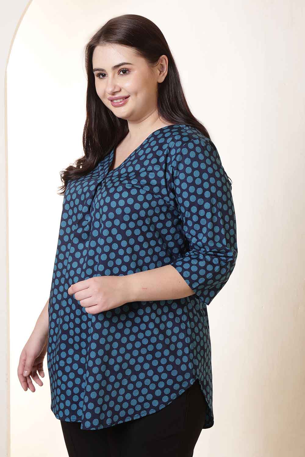 Plus Size Navy & Teal Polka Print V Neck Cotton Top for Women