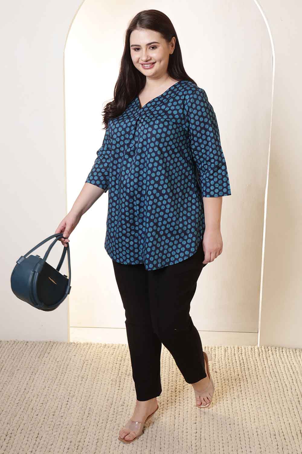 Plus Size Navy & Teal Polka Print V Neck Cotton Top