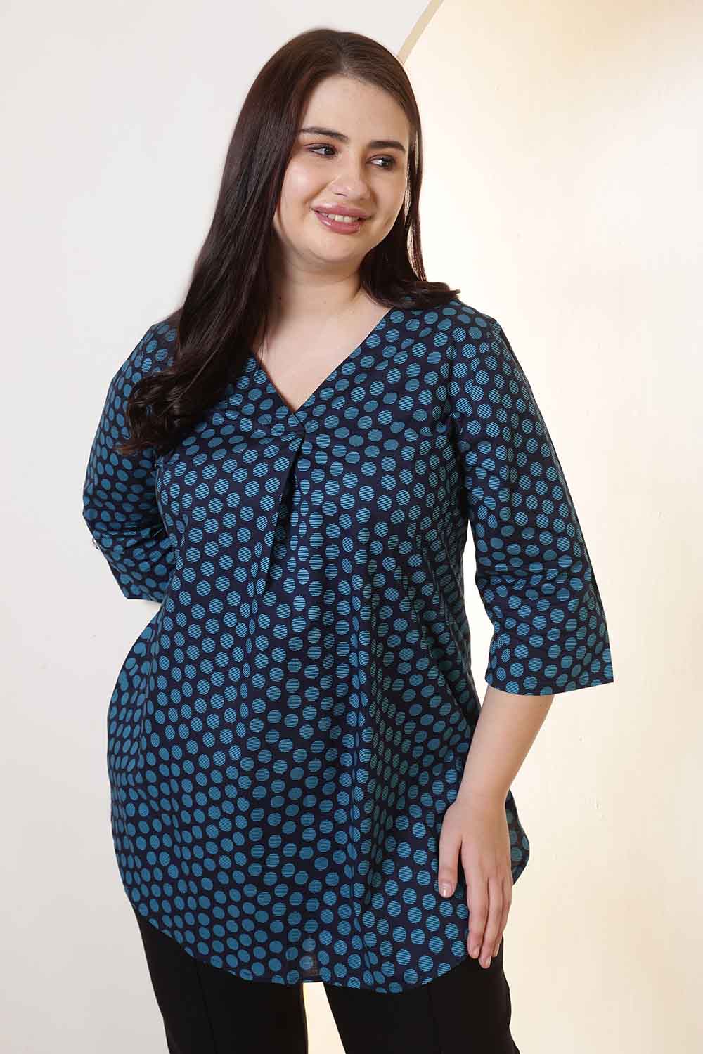 Plus Size Navy & Teal Polka Print V Neck Cotton Top