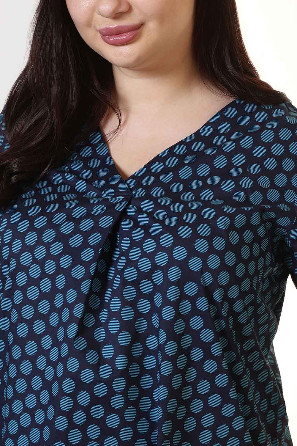 Comfortable Plus Size Navy & Teal Polka Print V Neck Cotton Top