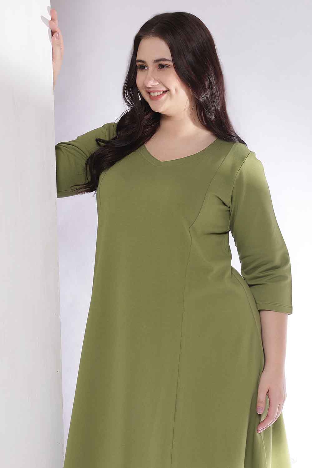 Plus Size Plus Size Moss Green  A-Line Cotton Dress