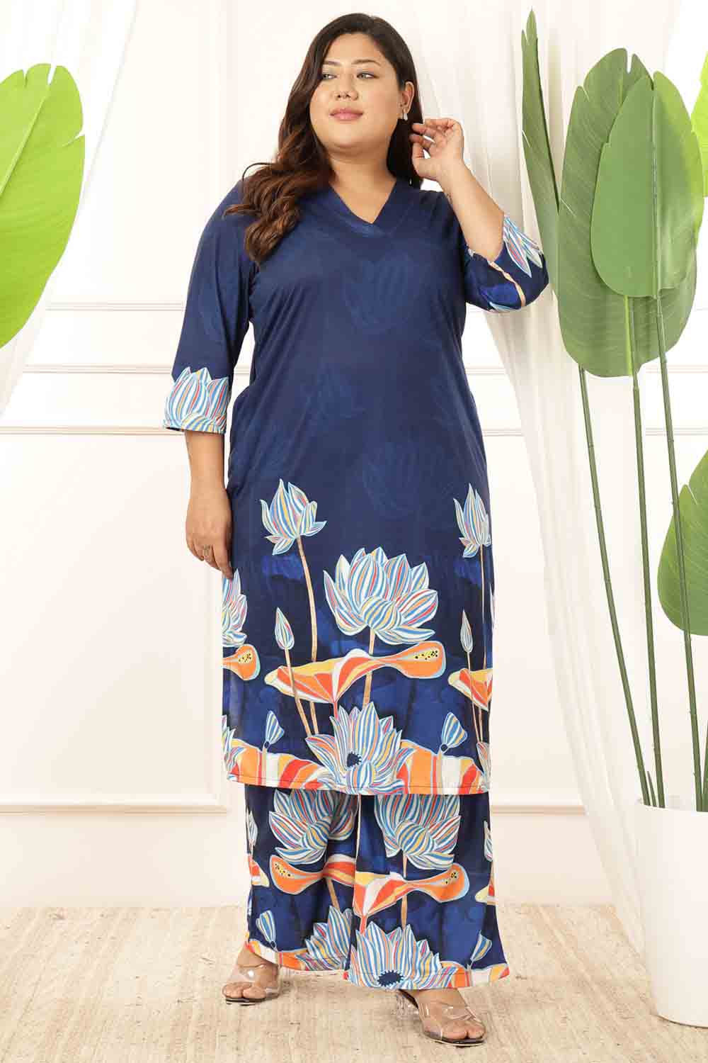 Plus Size Blue Floral V Neck Kurta Coord Set