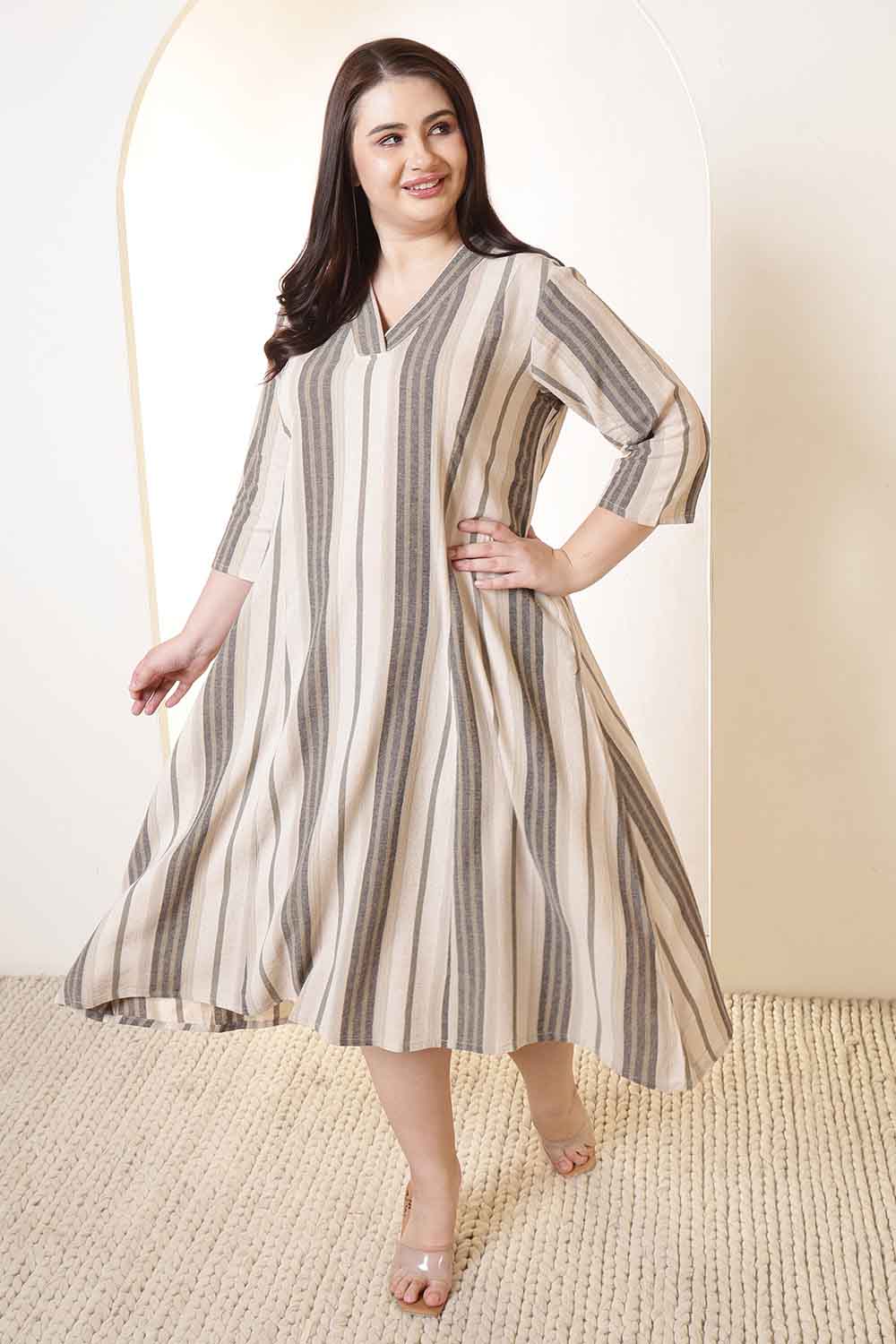 Plus Size Olive Stripe Cotton Midi Dress