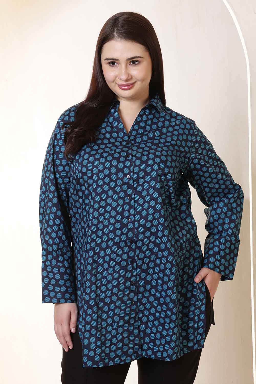 Plus Size Navy & Teal Polka Print High Slit Styled Cuff Cotton Shirt