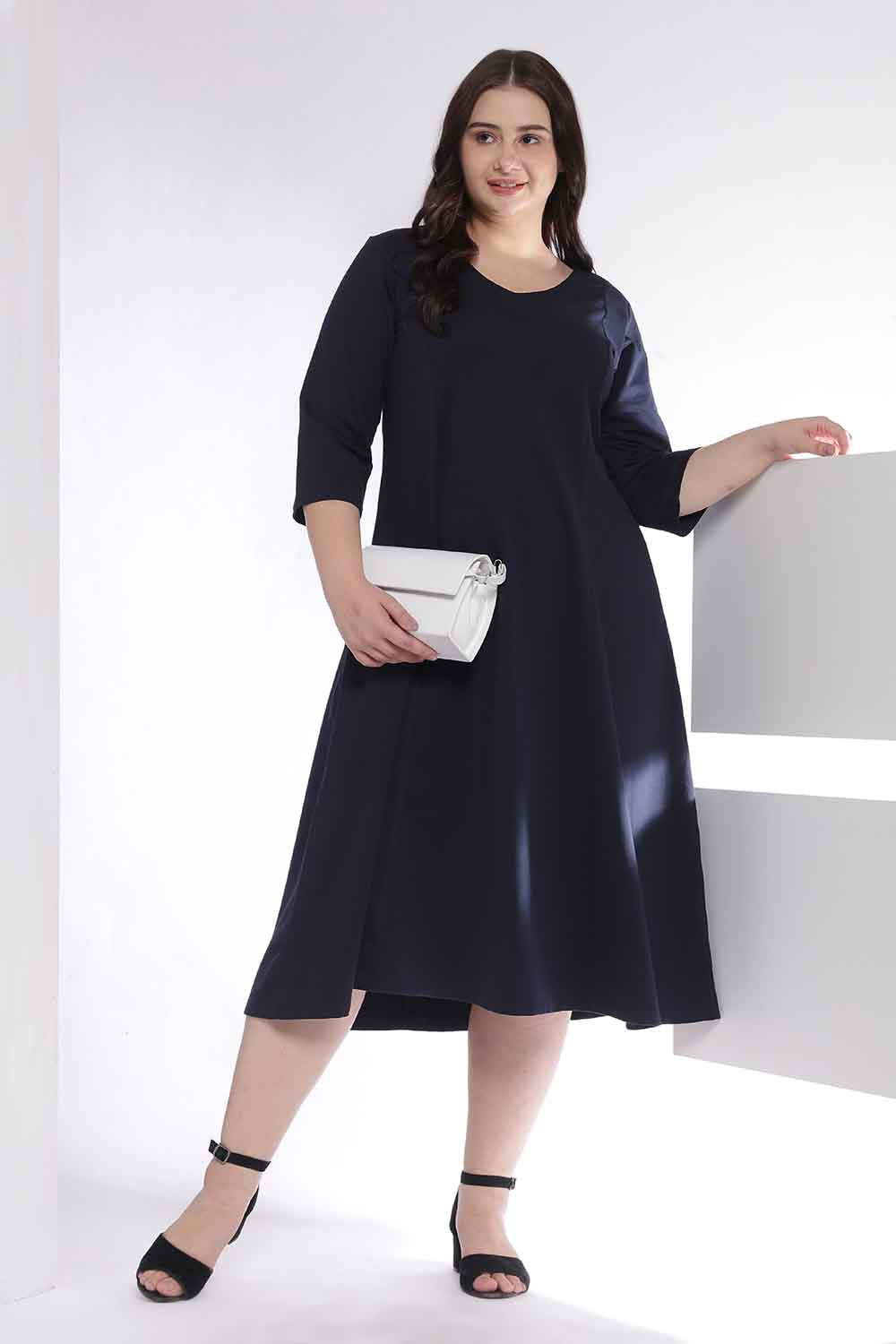 Plus Size Dark Blue A-Line Cotton Dress