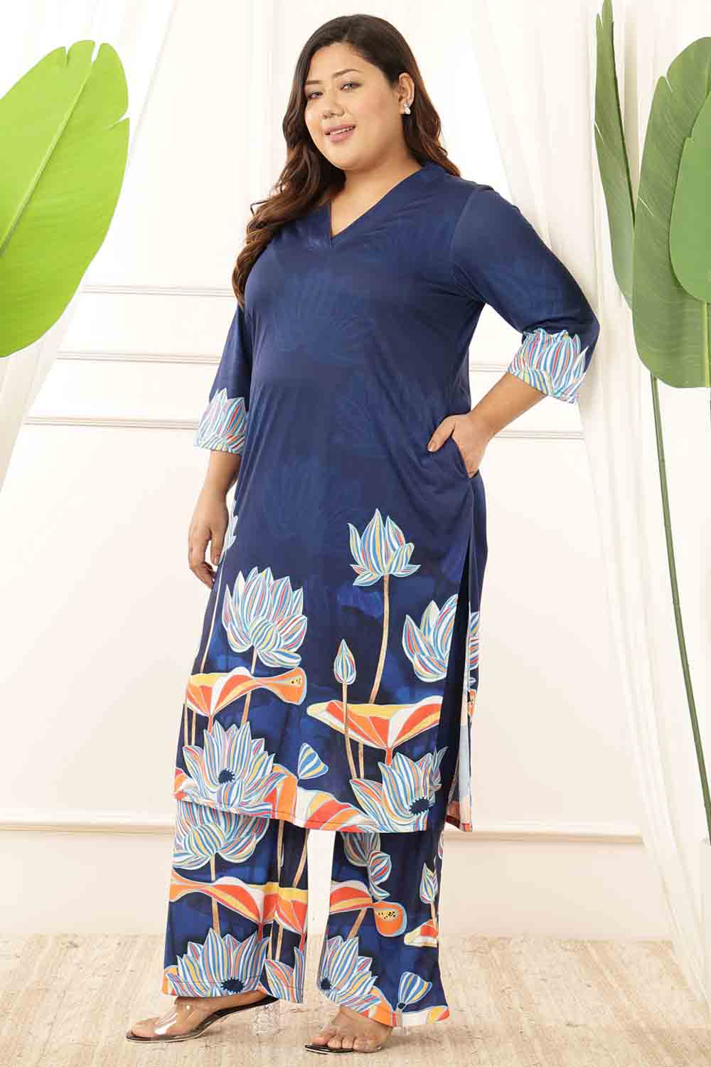 Plus Size Blue Floral V Neck Kurta Coord Set
