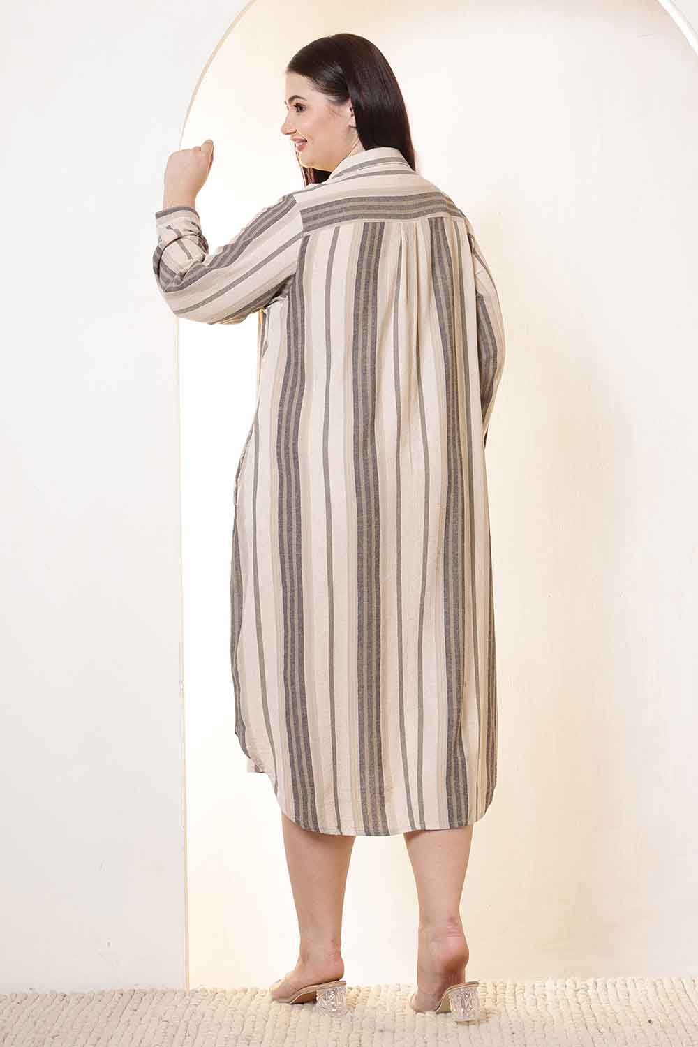 Plus Size Beige & Grey Striped Cotton Shirt Dress