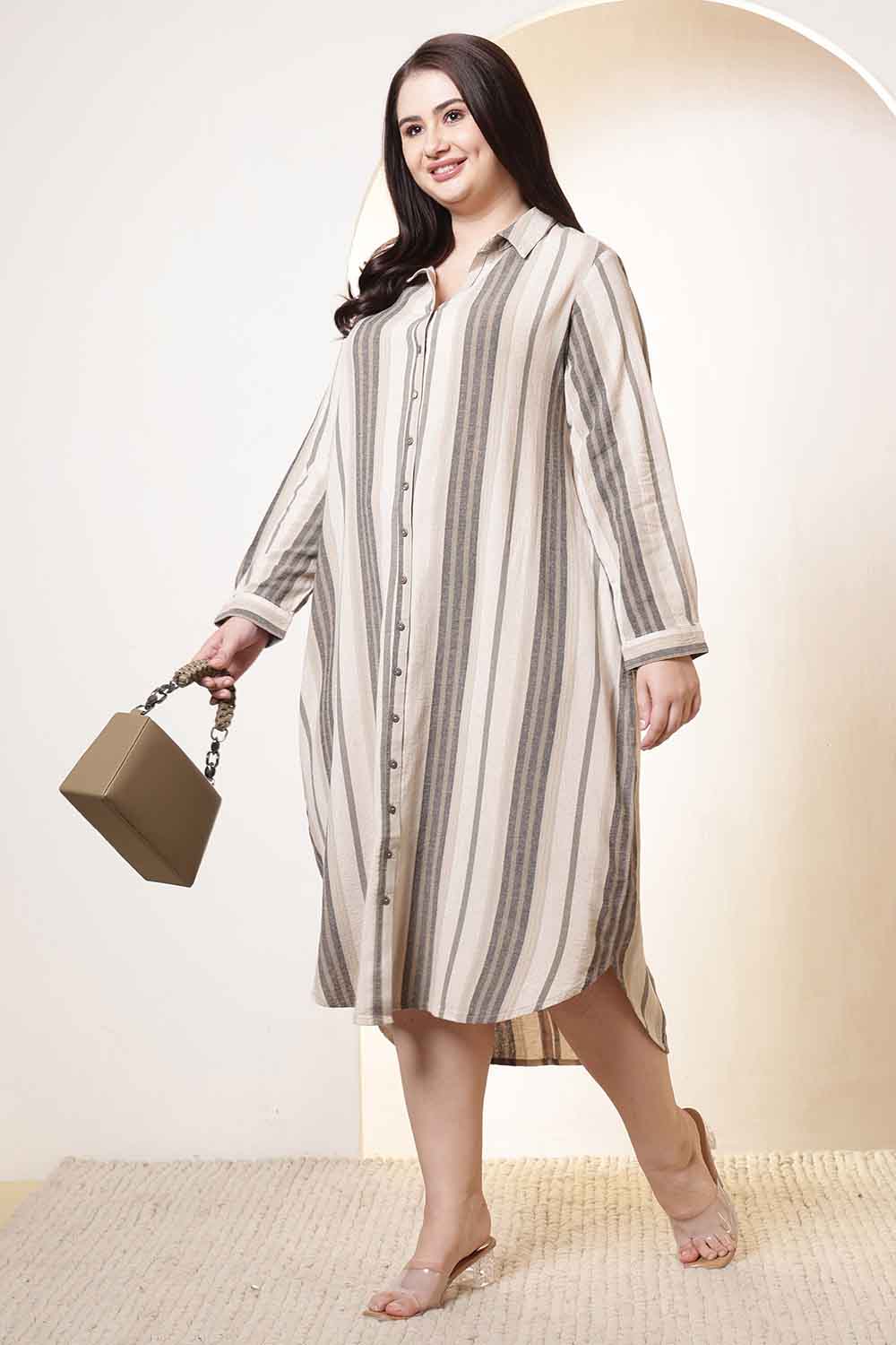 Plus Size Plus Size Beige & Grey Striped Cotton Shirt Dress