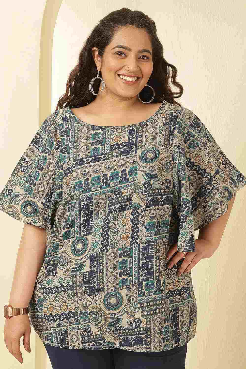 Plus Size Blue Ethnic Print Flared Sleeve Rayon Muslin Top