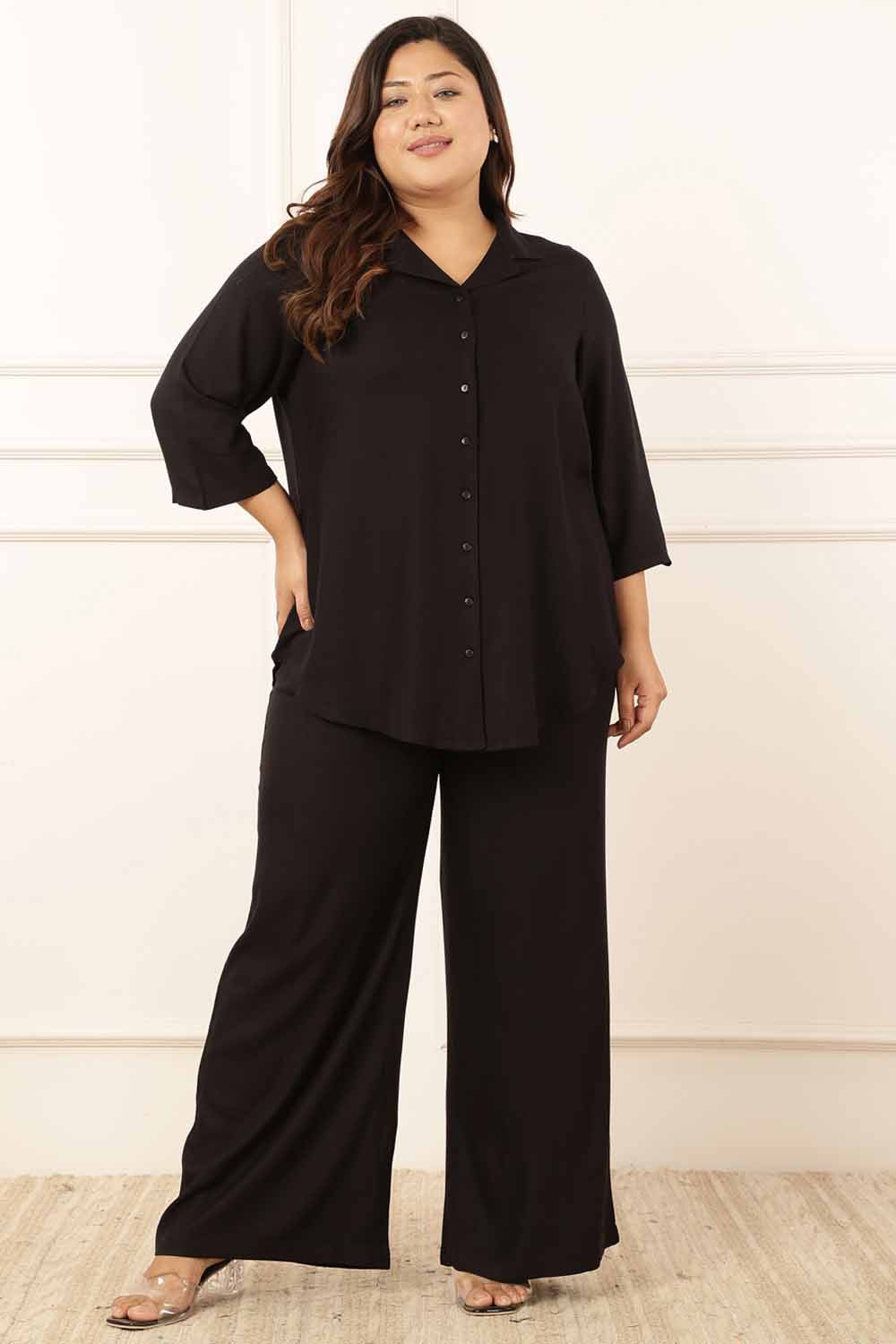 Buy Plus Size Black Rayon Twill Shirt Coord Set