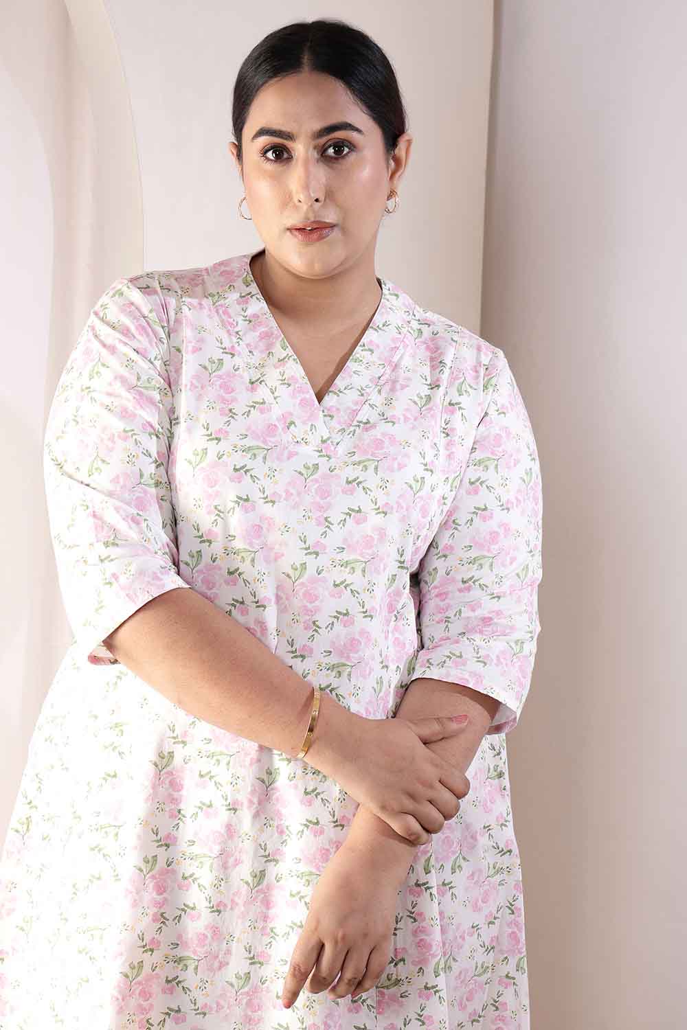 Plus Size Pink Floral Cotton Midi Dress