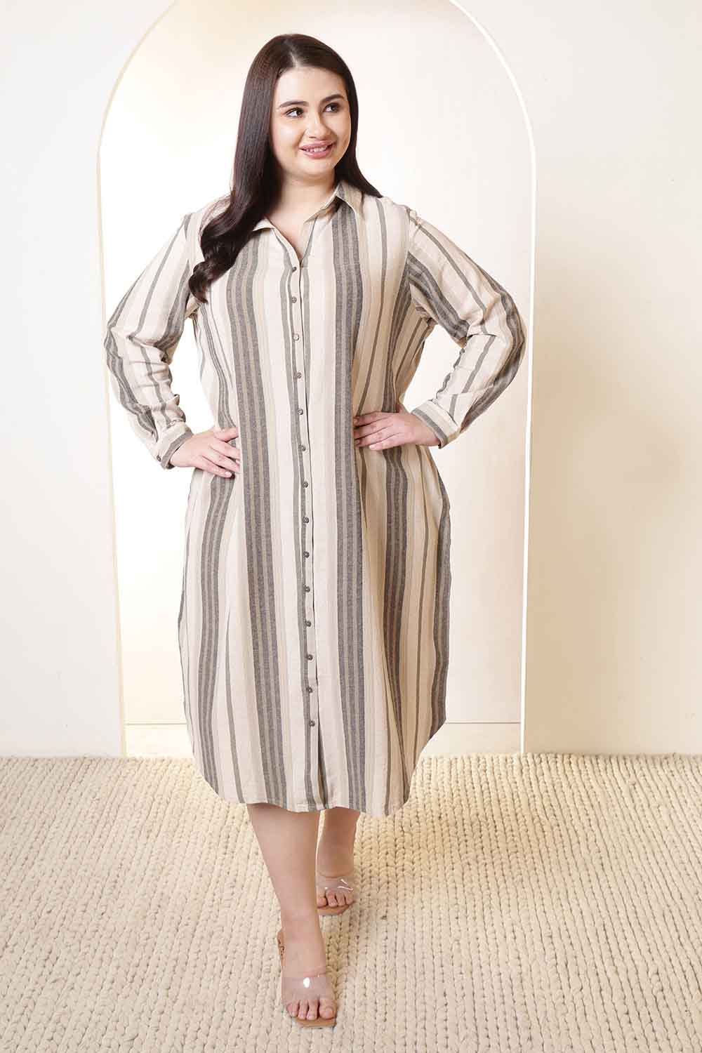 Plus Size Beige & Grey Striped Cotton Shirt Dress for Women