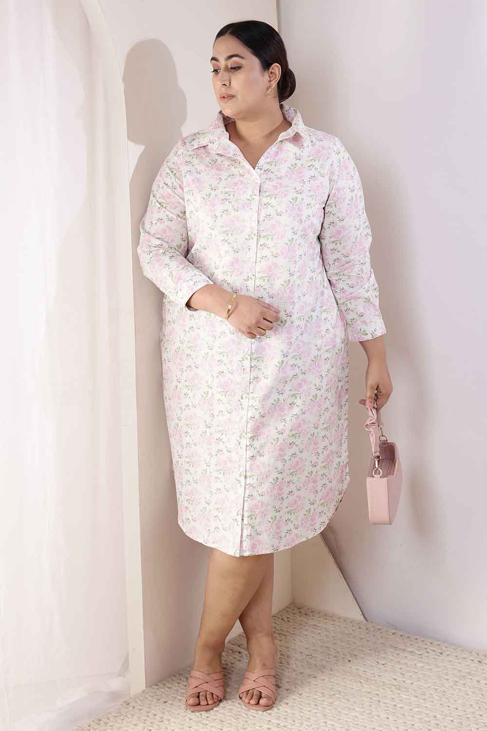 Plus Size Pink Floral Cotton Shirt Dress