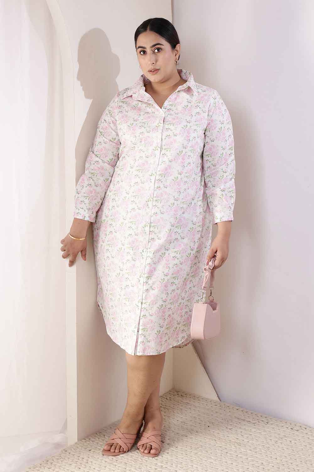 Plus Size Plus Size Pink Floral Cotton Shirt Dress