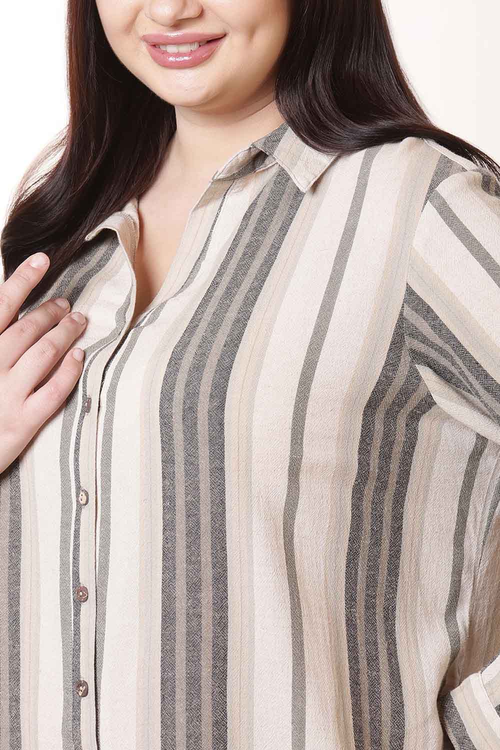 Comfortable Plus Size Beige & Grey Striped Cotton Shirt Dress