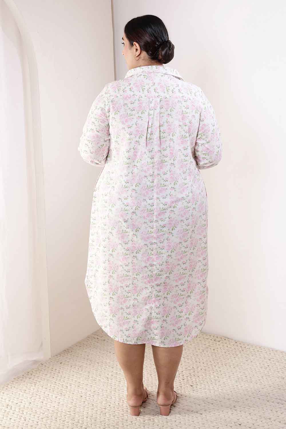 Plus Size Pink Floral Cotton Shirt Dress