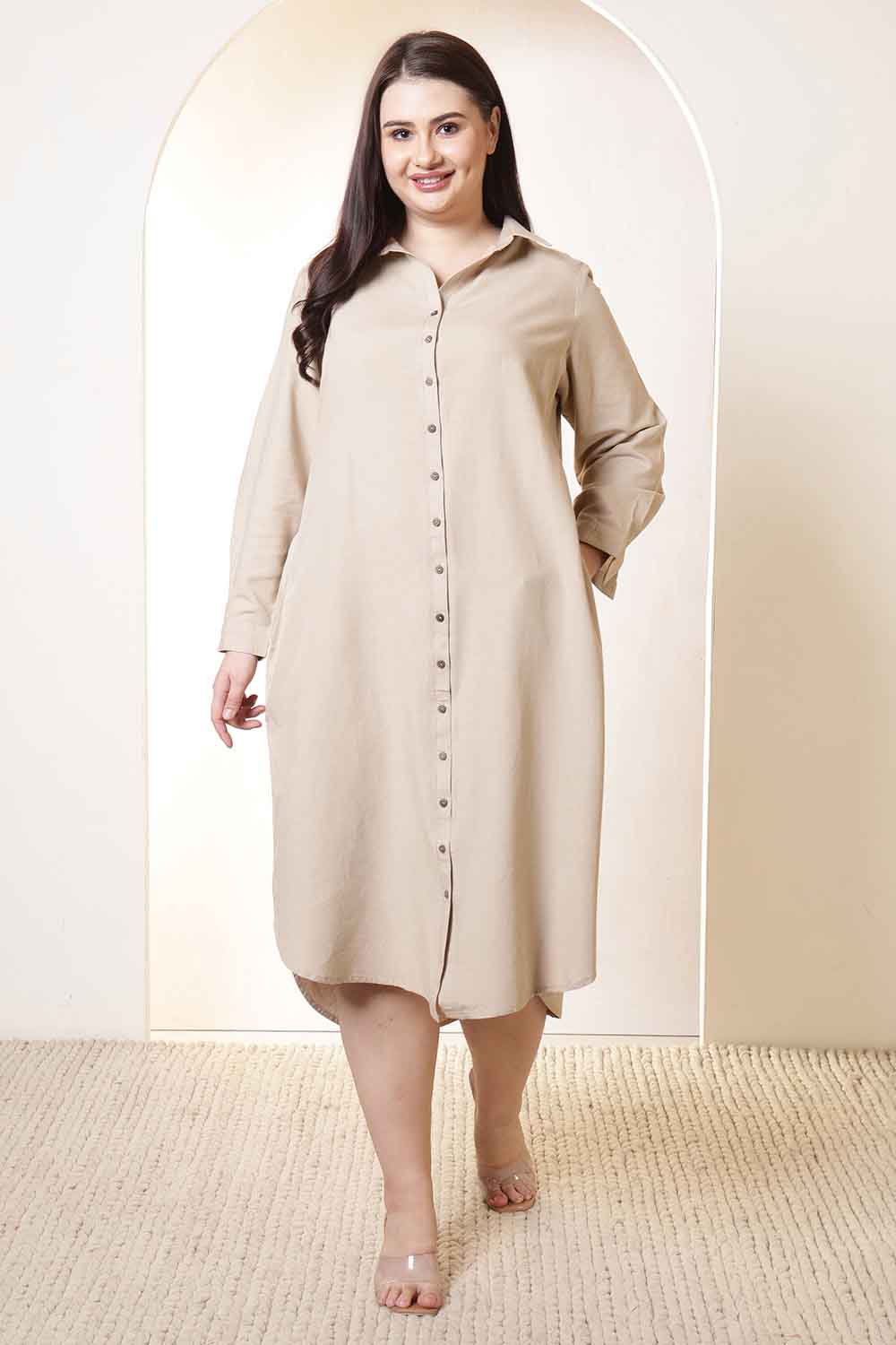 Plus Size Plus Size Beige Cotton Linen Shirt Dress