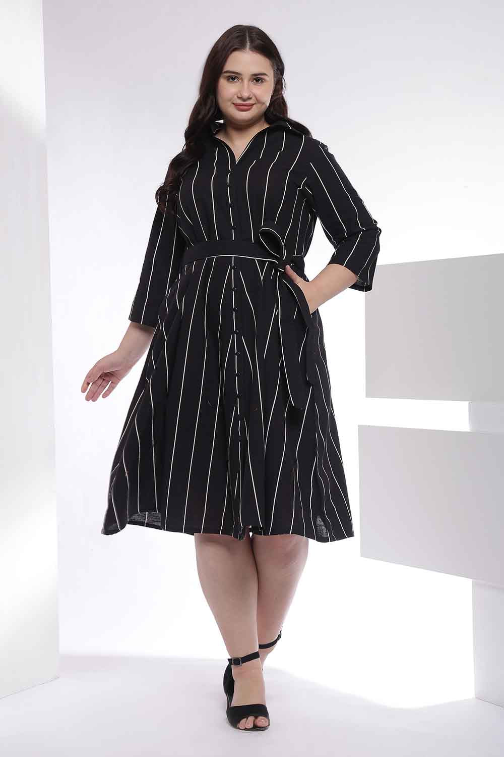Plus Size Black Vertical Stripe Cotton Shirt Dress