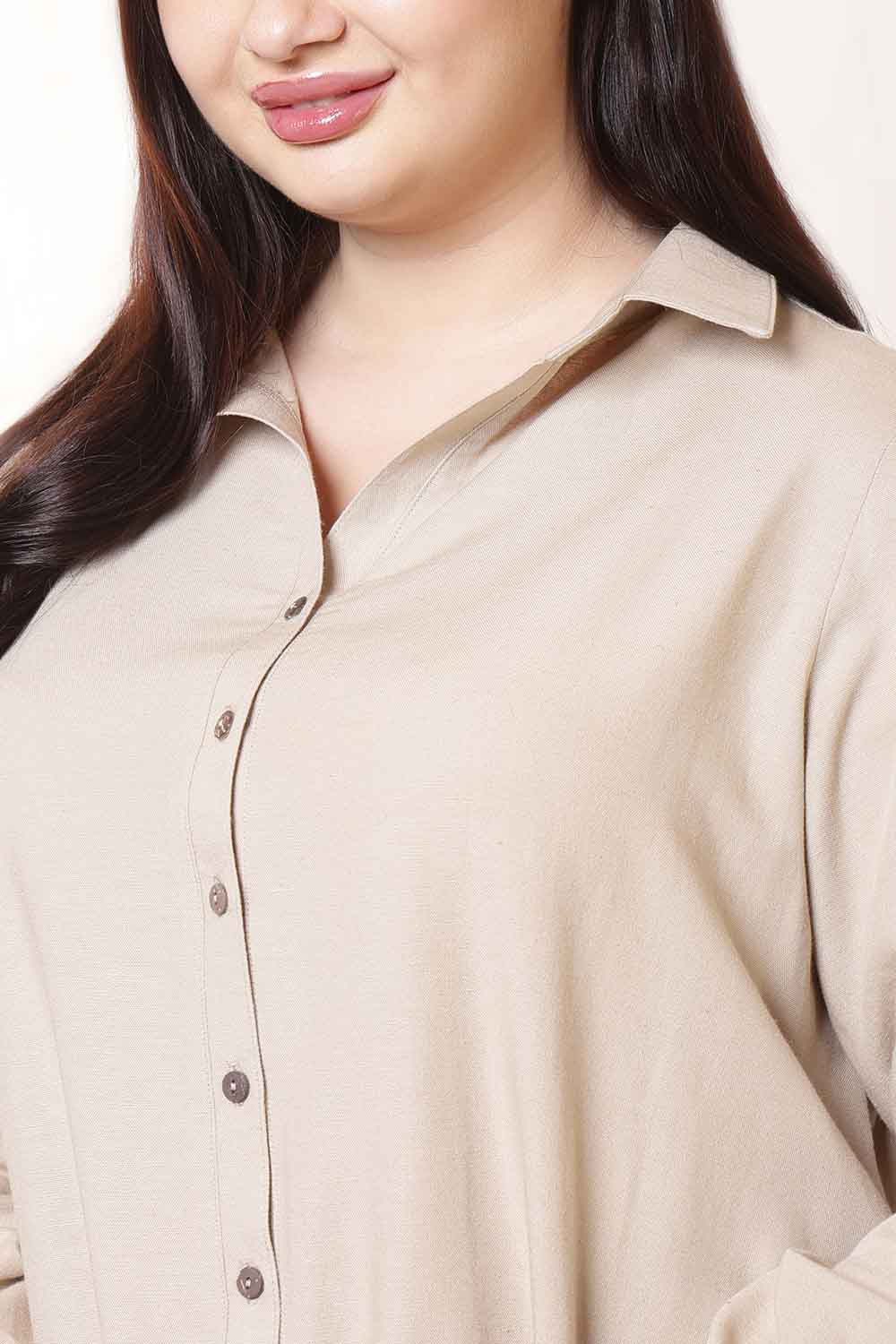 Plus Size Beige Cotton Linen Shirt Dress