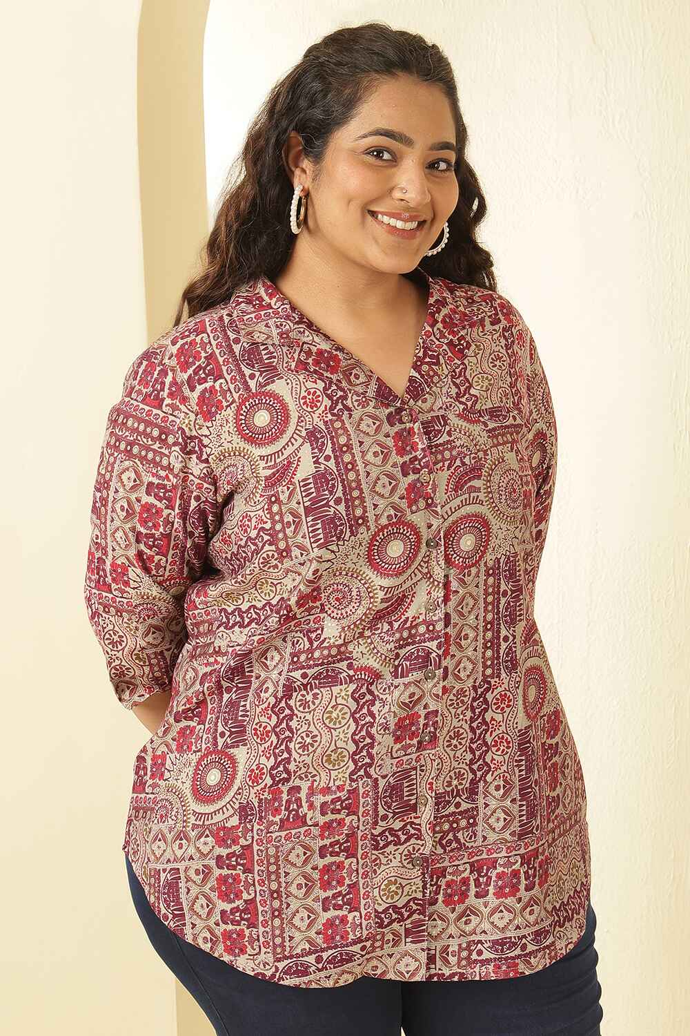 Plus Size Maroon Ethnic Print Cuban Collar Rayon Muslin Shirt