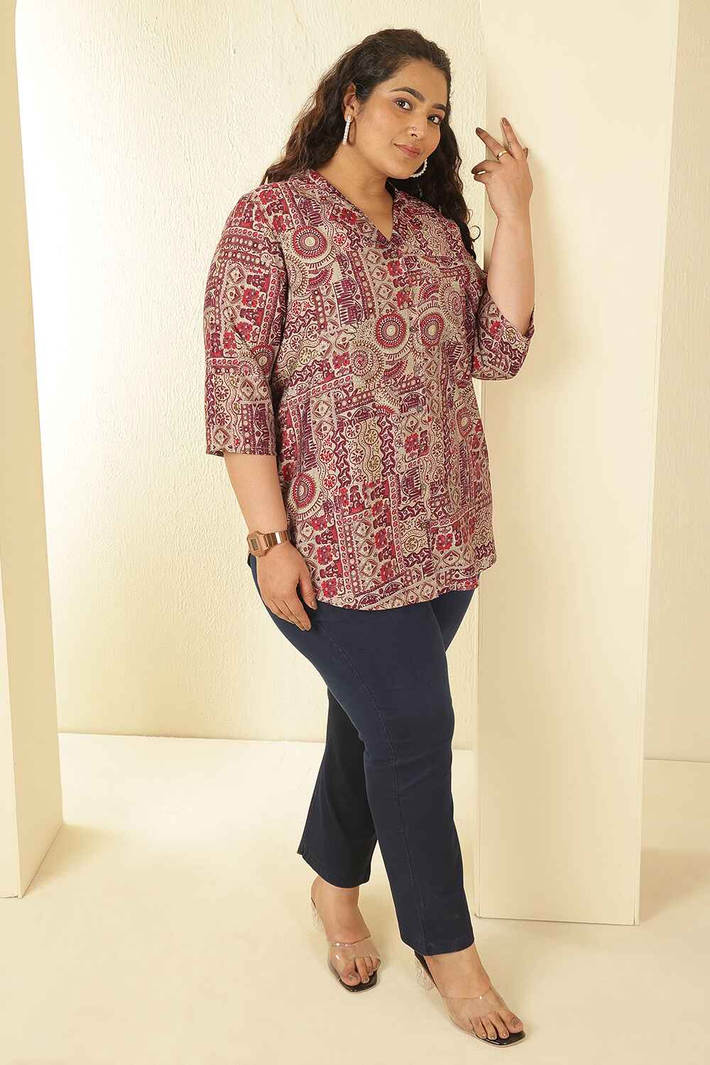 Plus Size Maroon Ethnic Print Cuban Collar Rayon Muslin Shirt