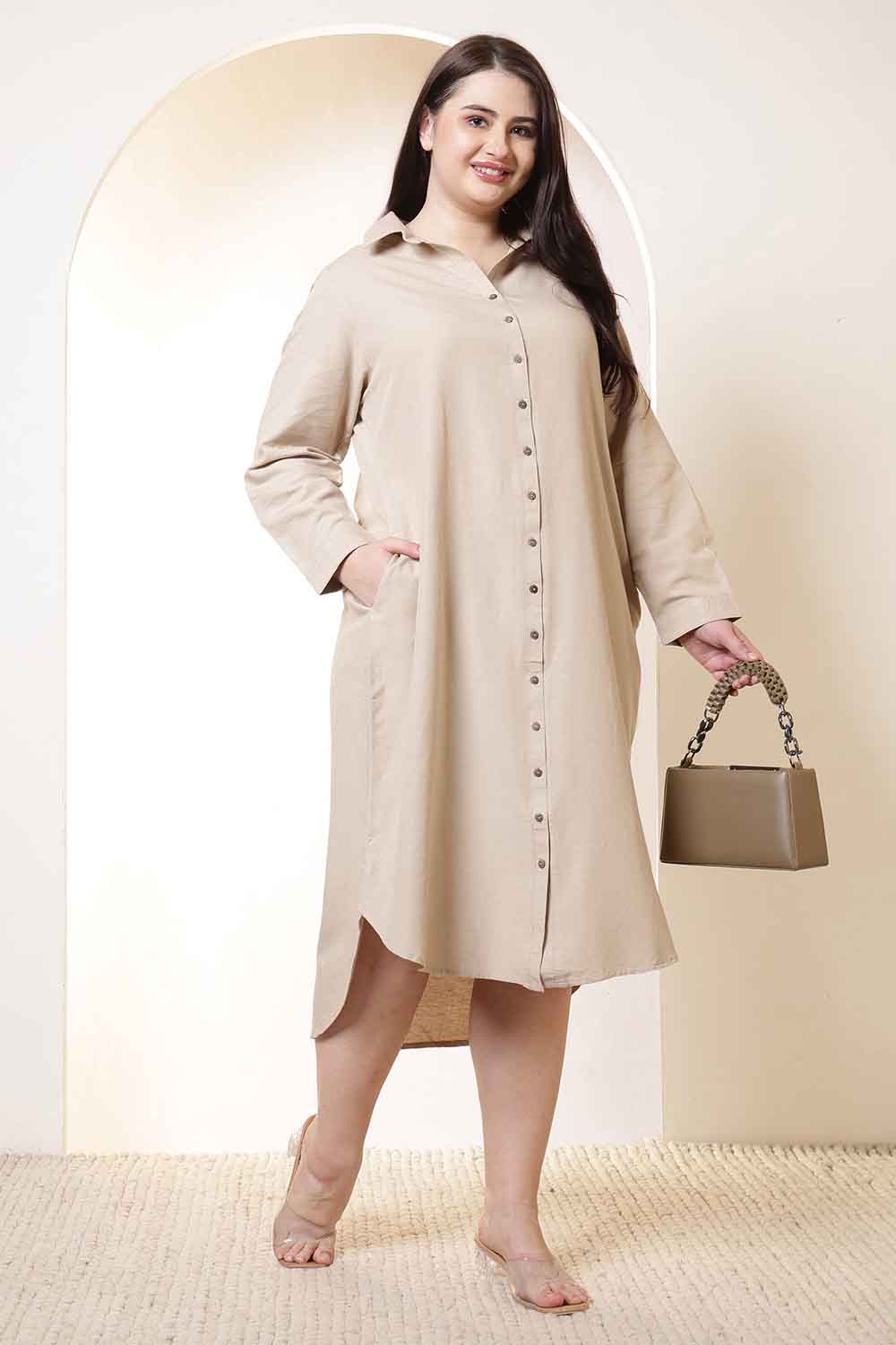 Plus Size Beige Cotton Linen Shirt Dress