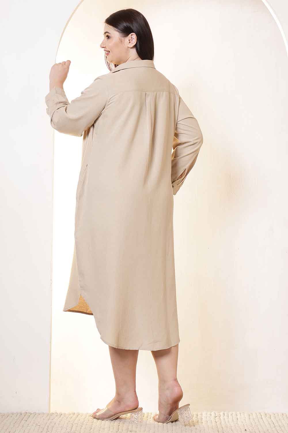 Plus Size Beige Cotton Linen Shirt Dress
