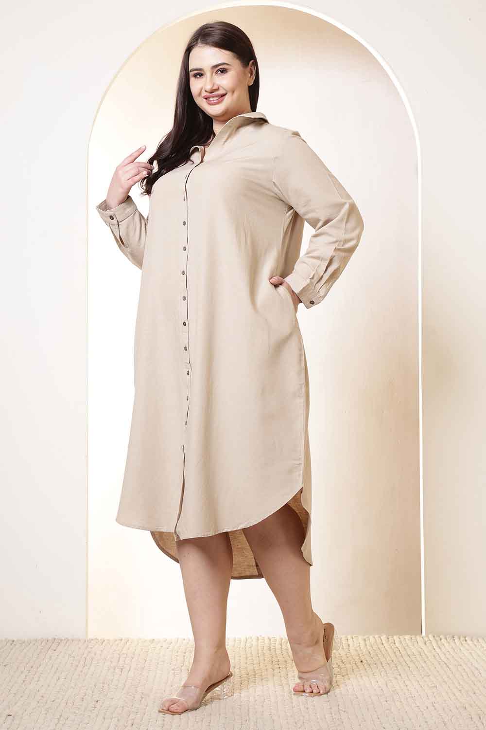Comfortable Plus Size Beige Cotton Linen Shirt Dress