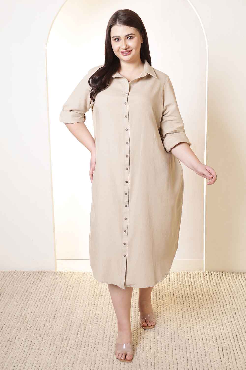 Plus Size Beige Cotton Linen Shirt Dress