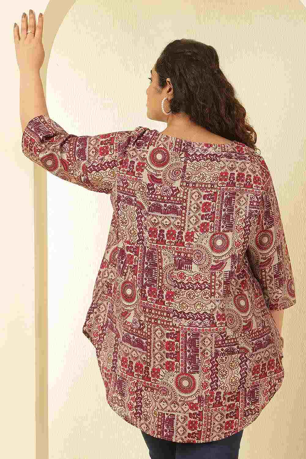 Plus Size Maroon Ethnic Print V-Neck Rayon Muslin Top