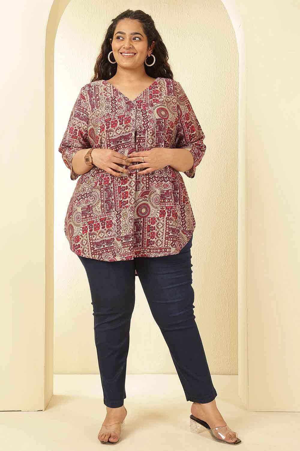 Buy Plus Size Maroon Ethnic Print V-Neck Rayon Muslin Top