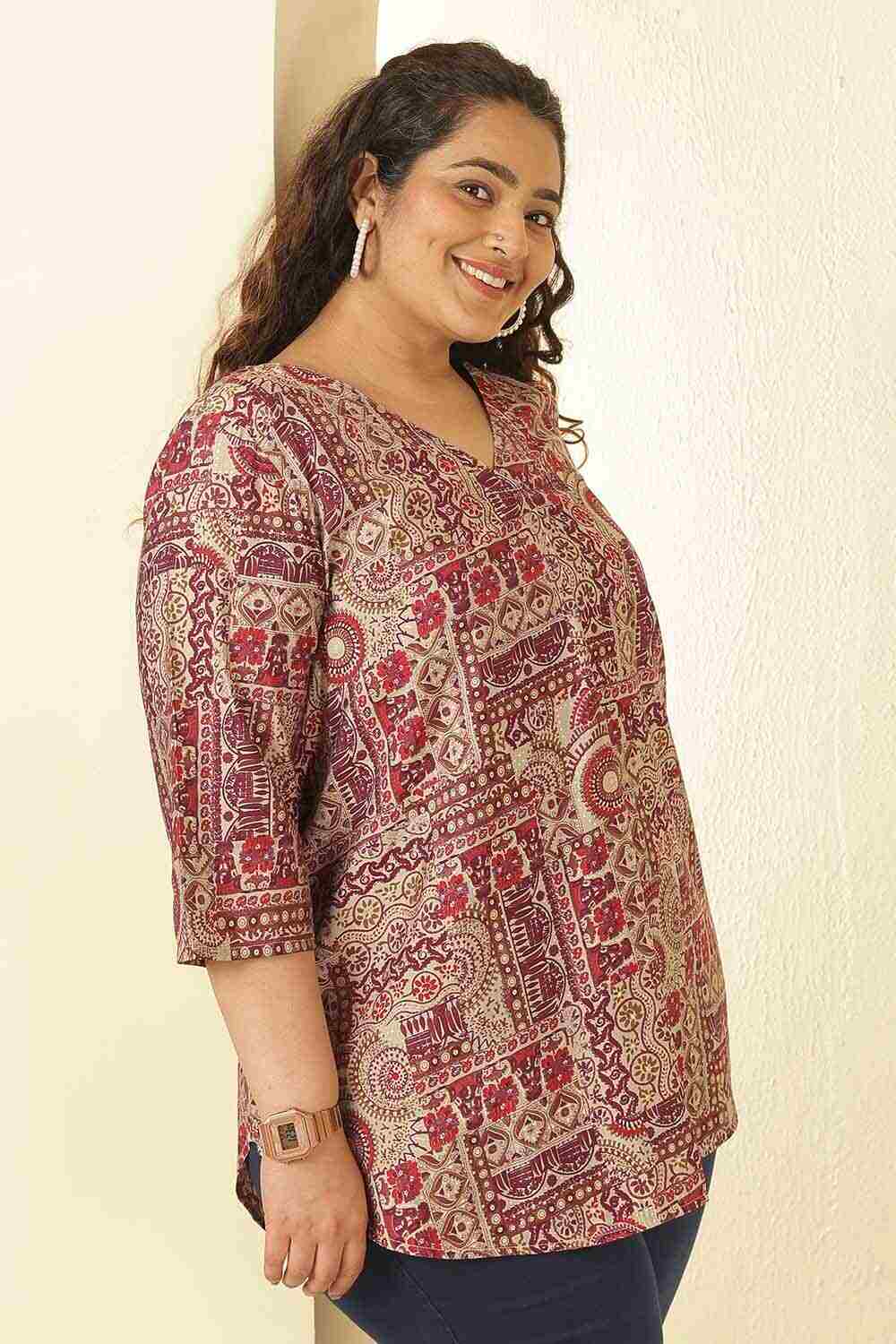 Plus Size Maroon Ethnic Print V-Neck Rayon Muslin Top for Women