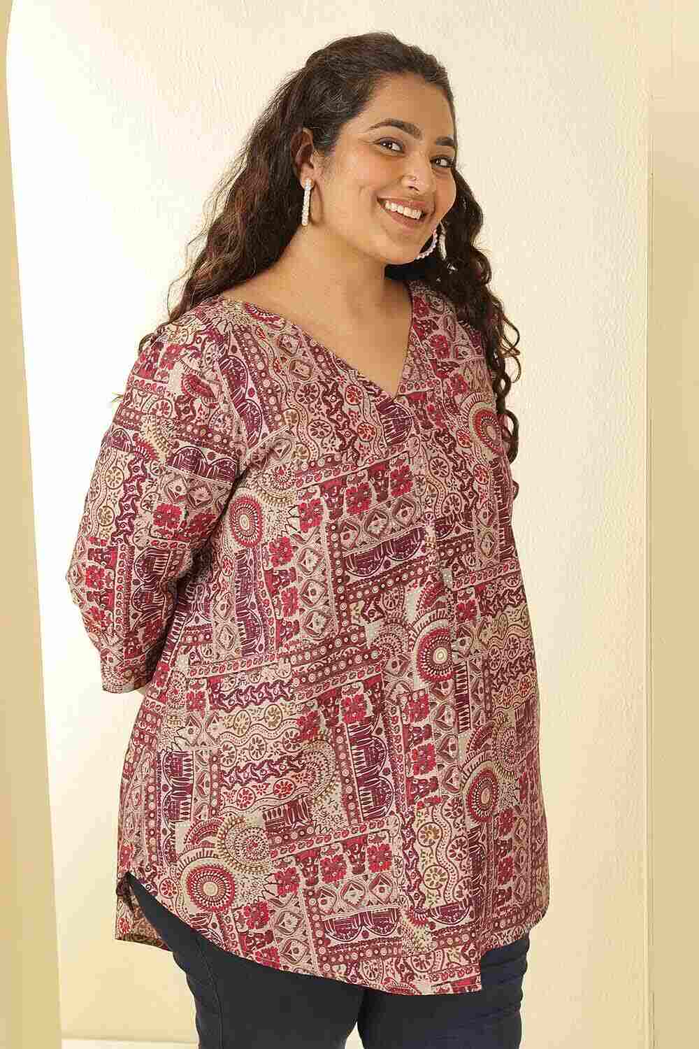 Plus Size Maroon Ethnic Print V-Neck Rayon Muslin Top