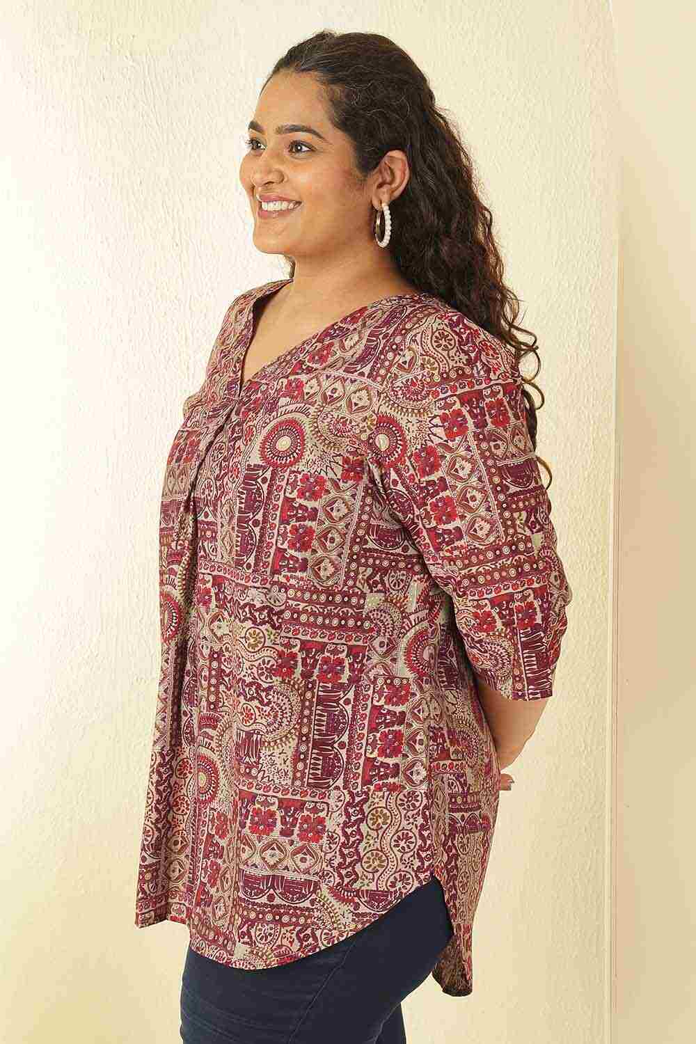 Plus Size Plus Size Maroon Ethnic Print V-Neck Rayon Muslin Top