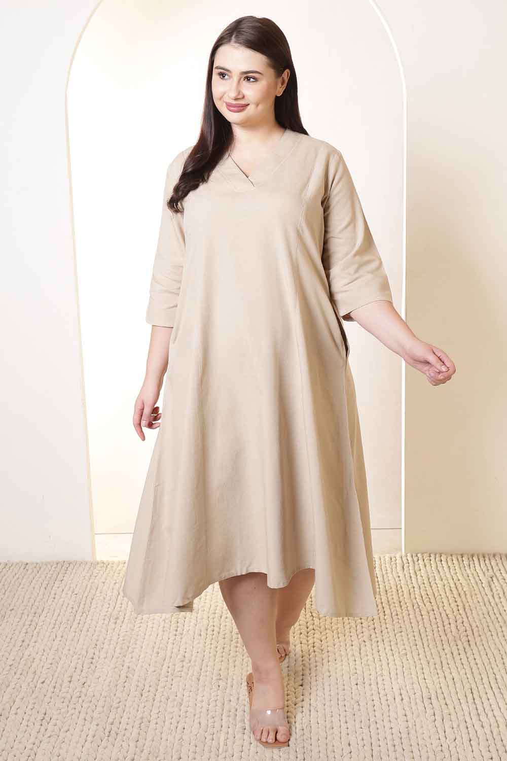 Plus Size Beige Cotton Linen Midi Dress