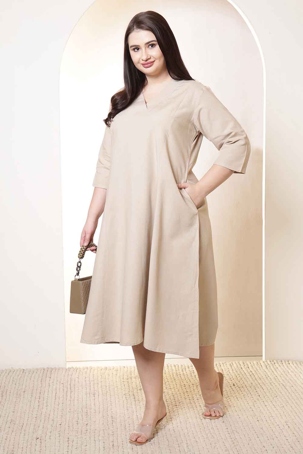 Plus Size Beige Cotton Linen Midi Dress