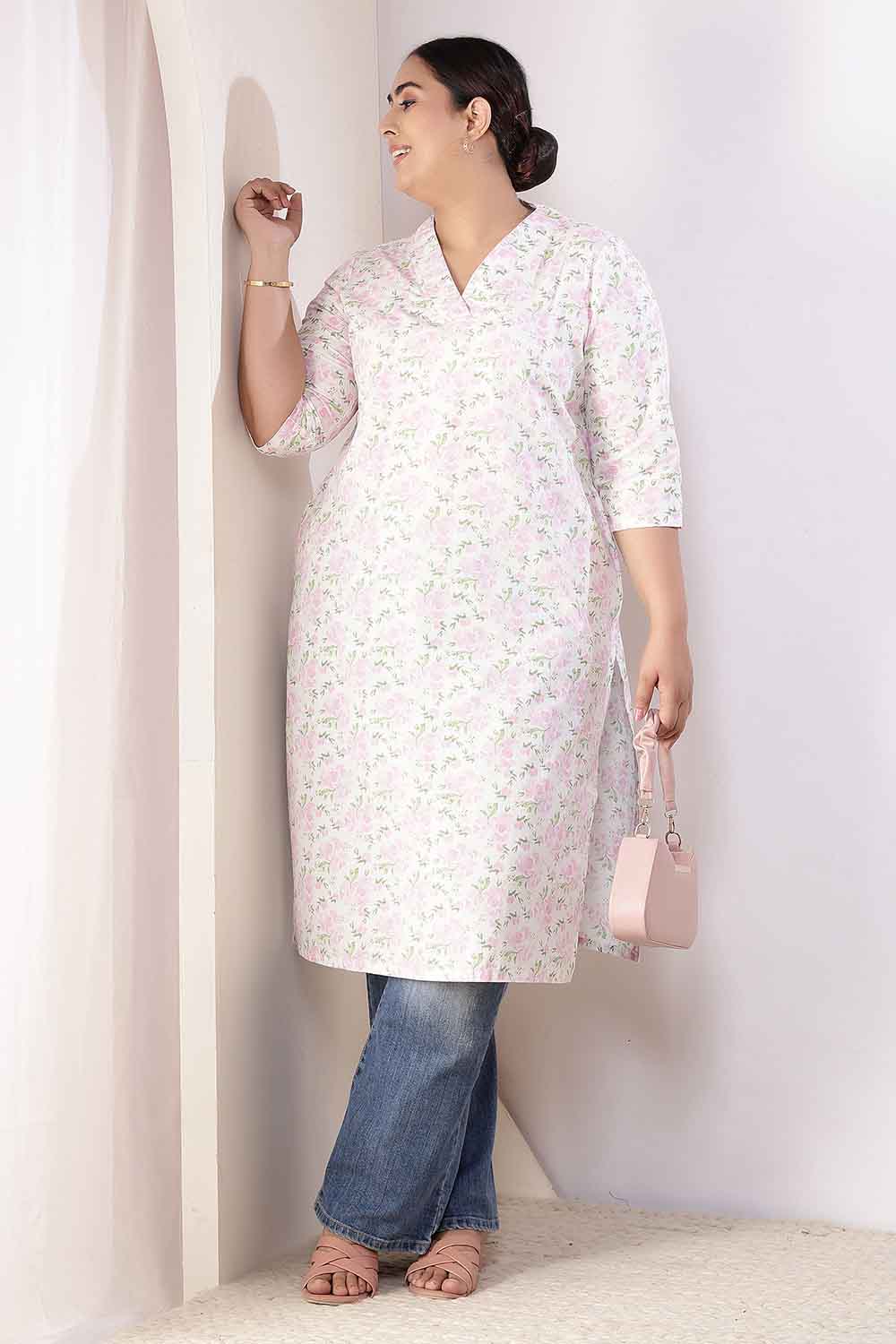 Plus Size Pink Floral V Neck Cotton Kurta