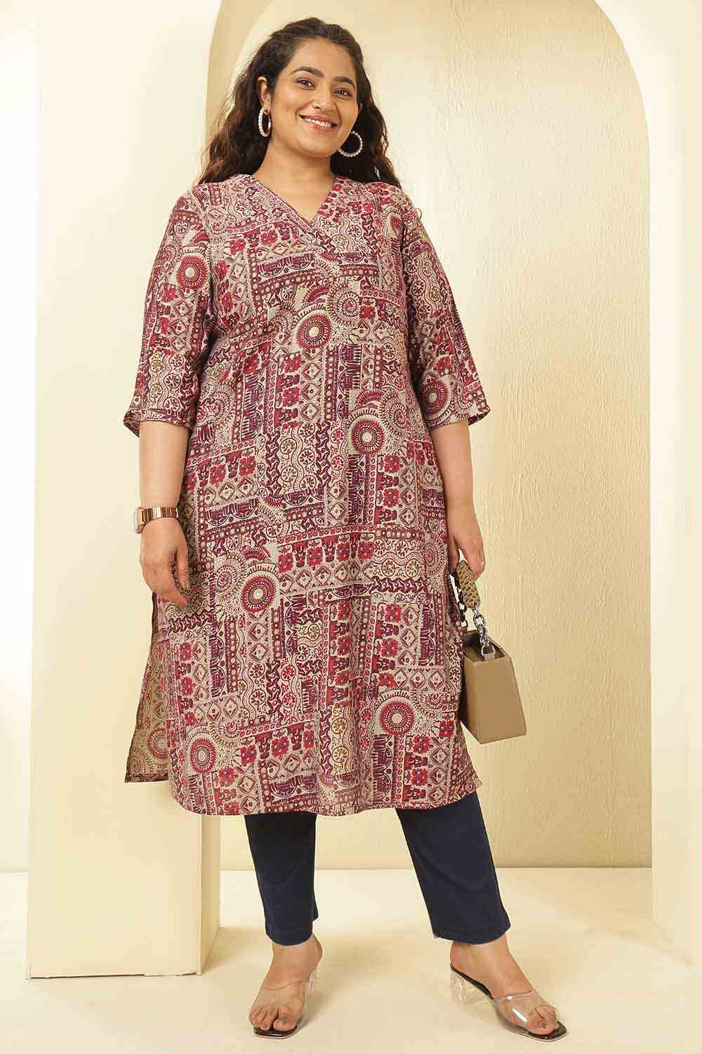 Plus Size Maroon Ethnic Print V-Neck Rayon Muslin Kurta