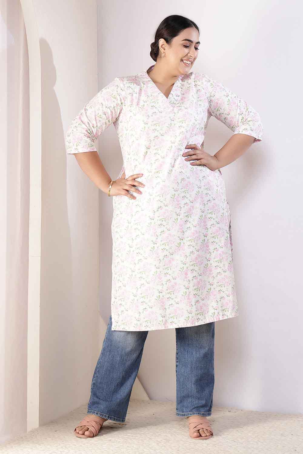 Plus Size Plus Size Pink Floral V Neck Cotton Kurta