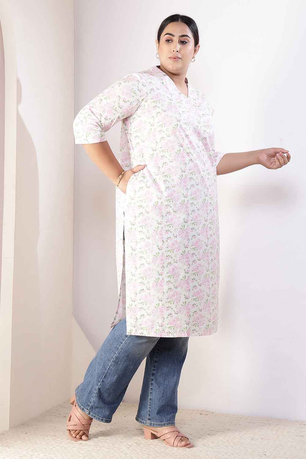Plus Size Pink Floral V Neck Cotton Kurta for Women