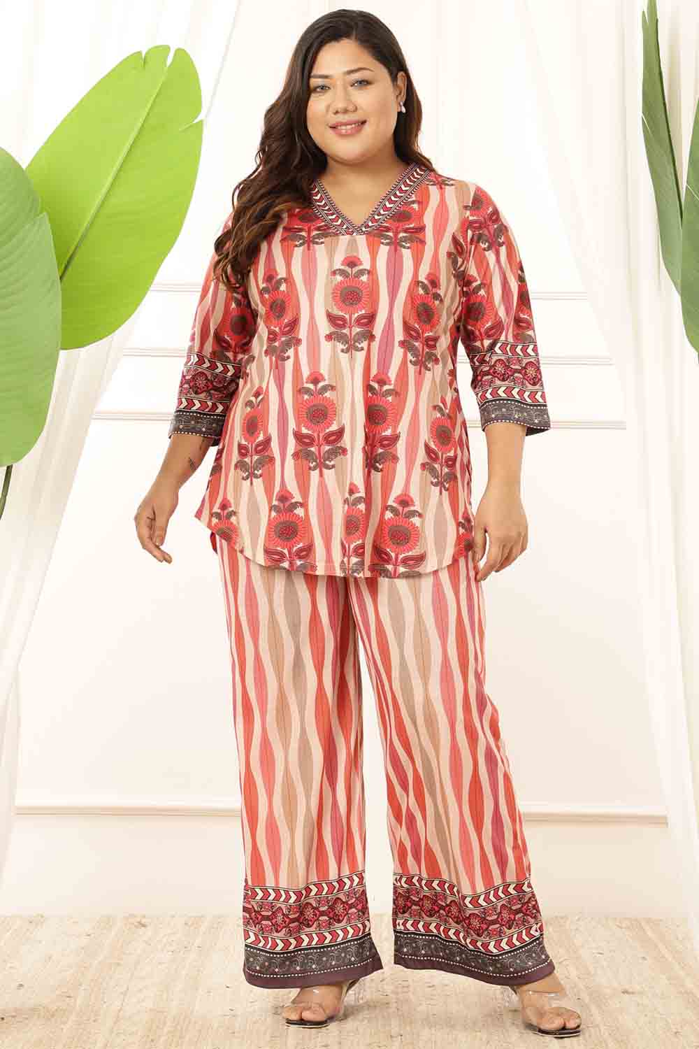 Buy Plus Size Red Floral Motif Top Coord Set