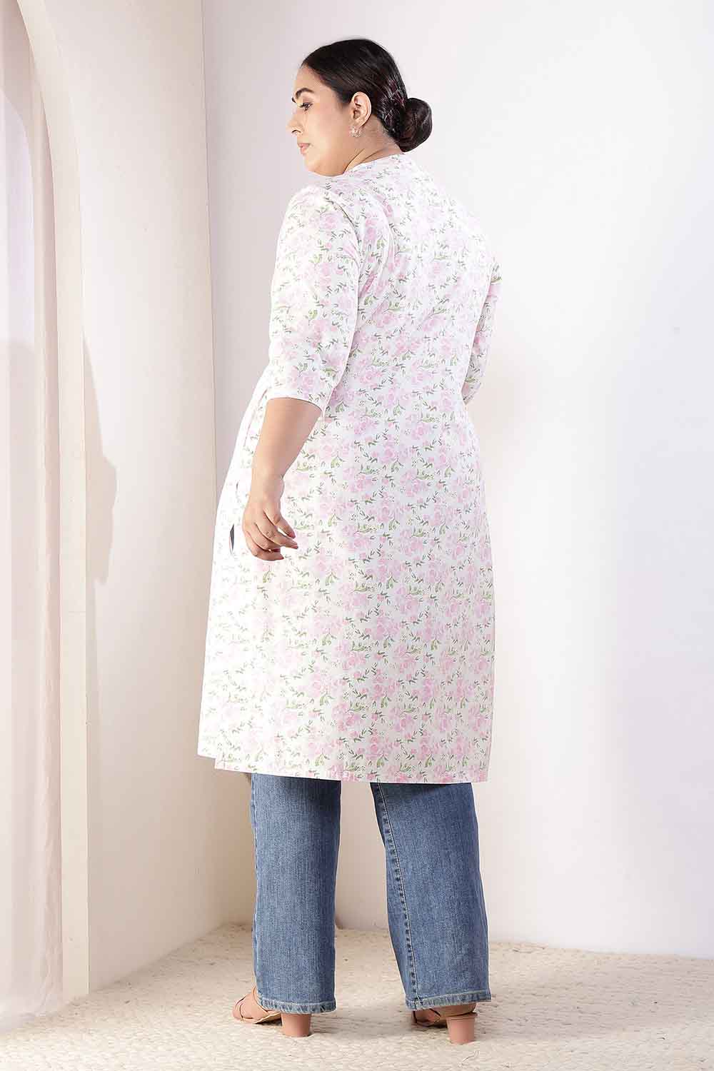 Plus Size Pink Floral V Neck Cotton Kurta