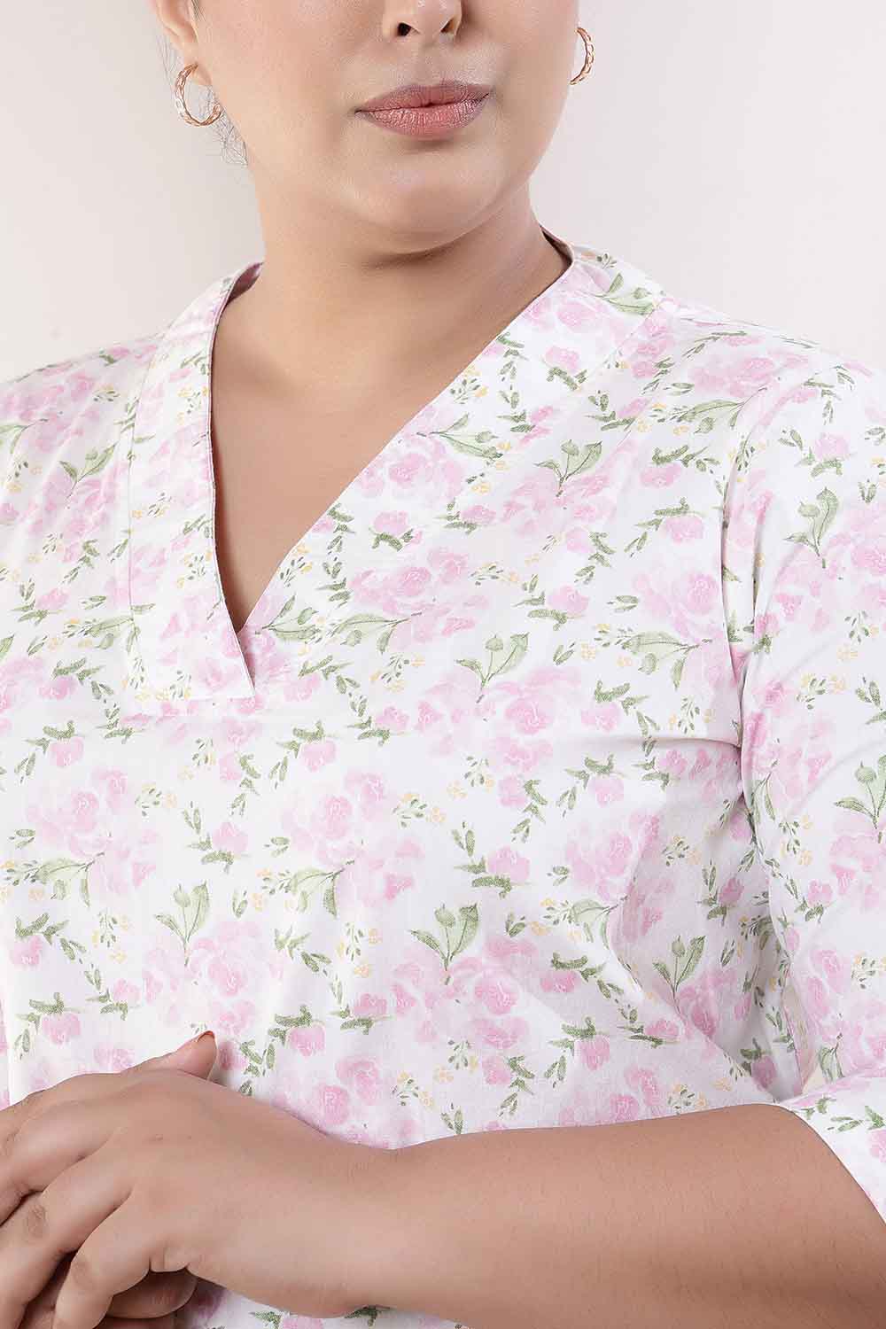 Comfortable Plus Size Pink Floral V Neck Cotton Kurta